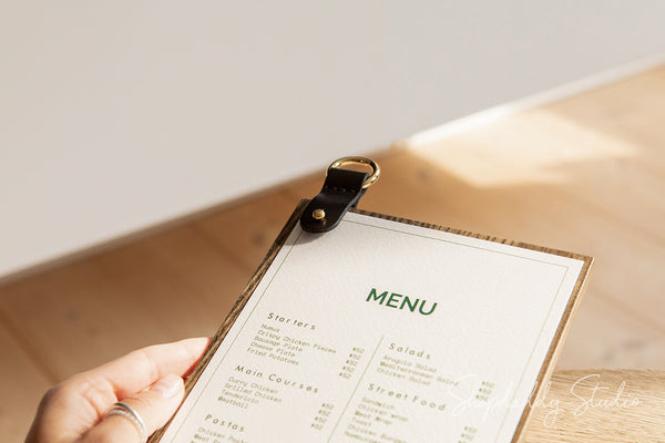 Custom Wood Menu Board With Leather Strap & Metal Ring for bar