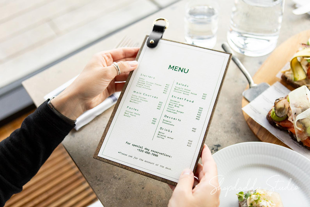 Custom Wood Menu Board With Leather Strap & Metal Ring for cafe
