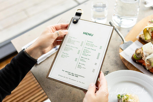 Custom Wood Menu Board With Leather Strap & Metal Ring for cafe