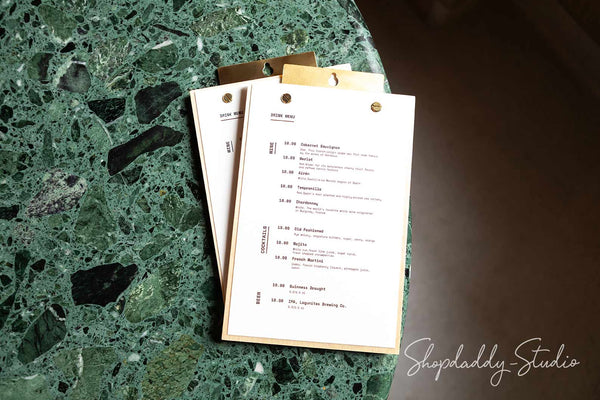 Custom Wood Menu Holder With Brass Plank