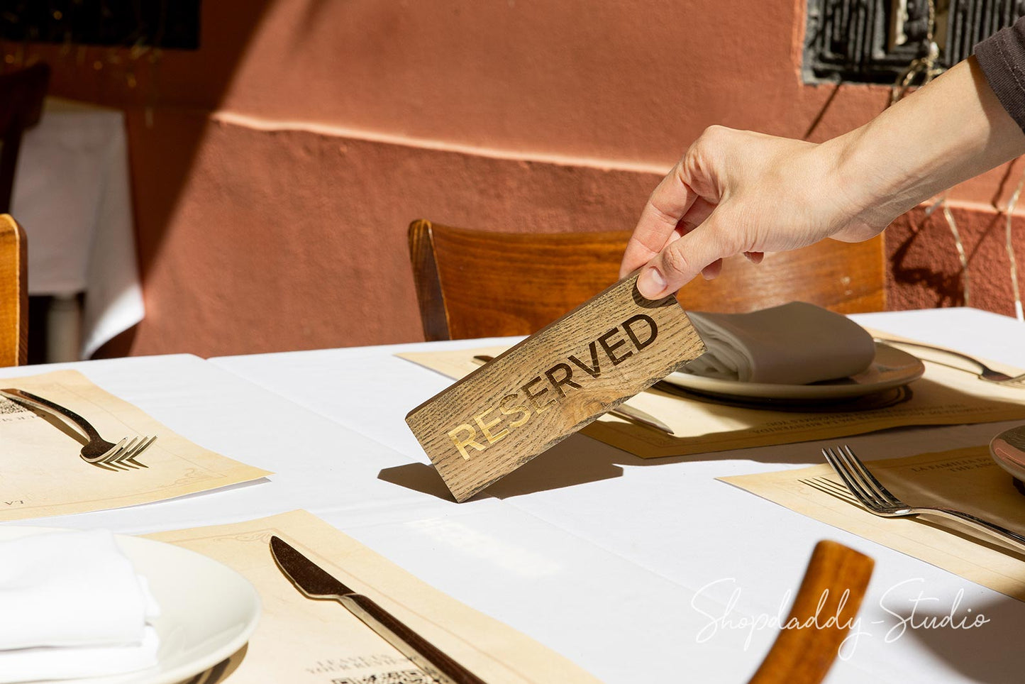 Custom Wooden Reservation Sign With Gold Debossing for cafe