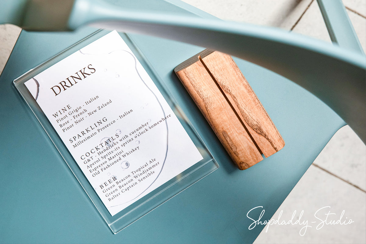 Acrylic Table Tent with Walnut Wooden Rounded Stand for drink menu