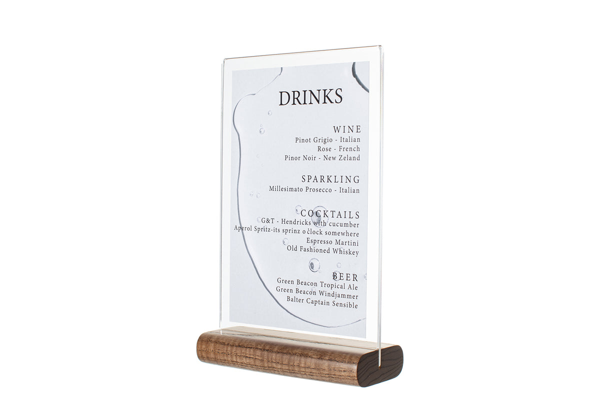 Acrylic Table Tent with Walnut Wood Rounded Stand