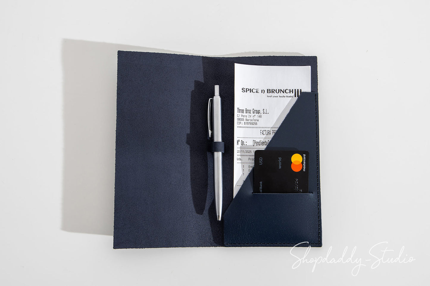 Dark Blue Italian Leather Check Presenter with Pen Loop for Hospitality