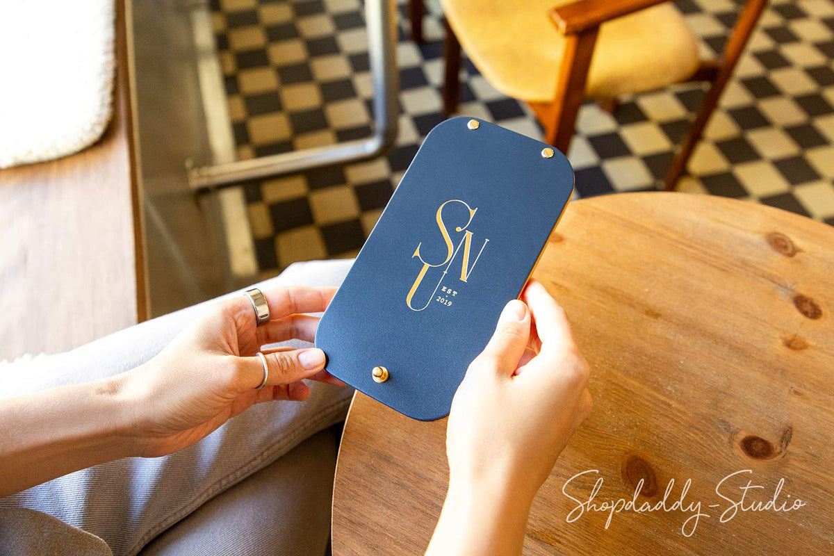 Dark Blue Leather / Ashwood Check Presenter with gold logo