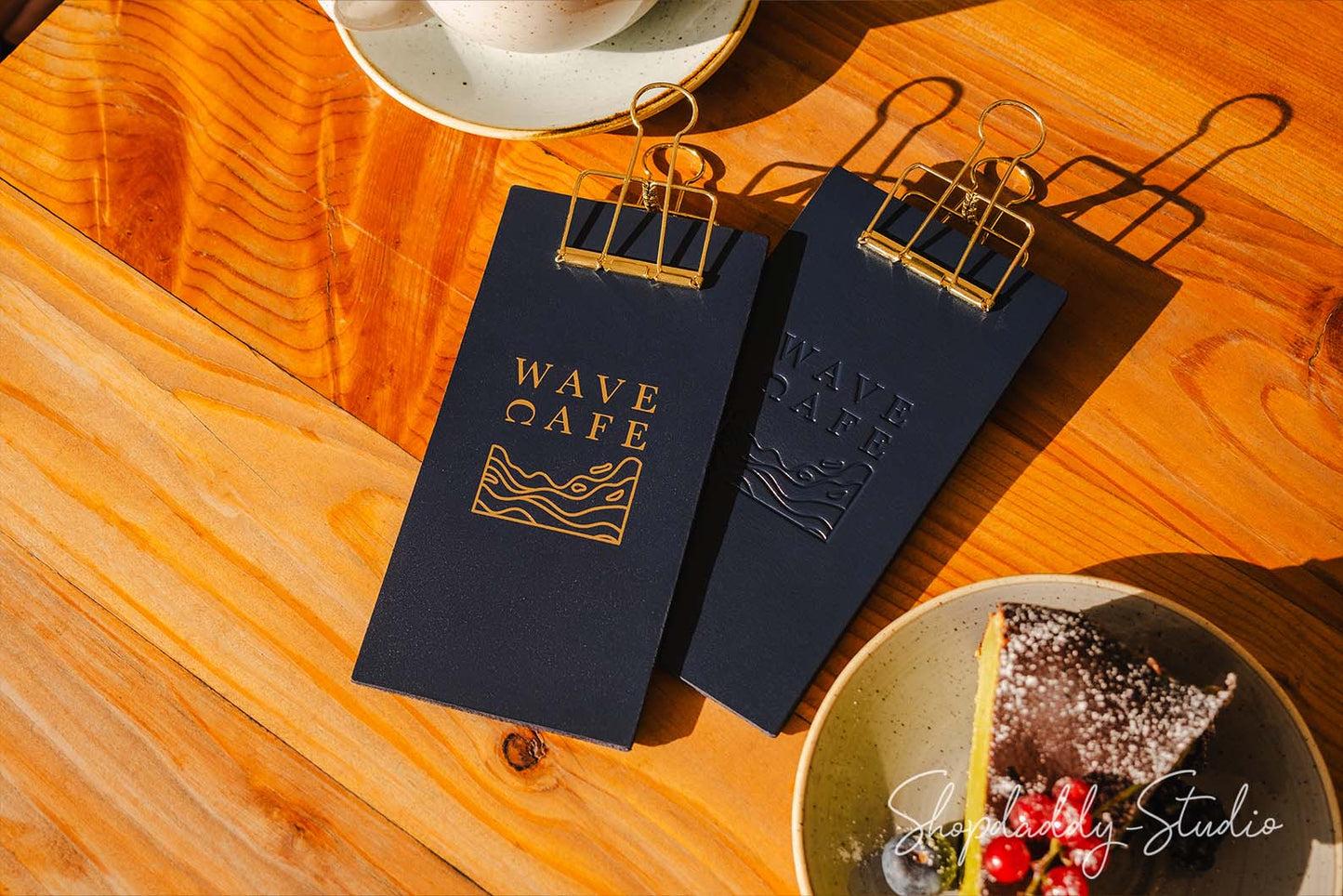 Dark Blue Leather Check Holder with Golden Binder for restaurant