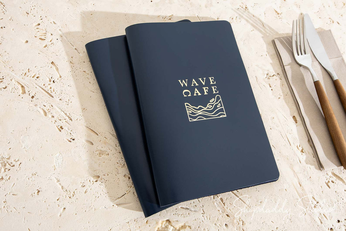 Dark Blue Thick Leather Menu Book with Brass Plank for restaurant