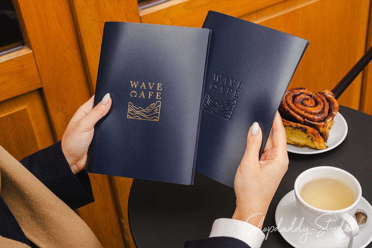 Dark Blue Thick Leather Menu Cover With Plastic Sleeves For restaurant