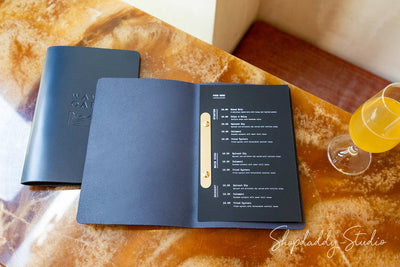 Dark Blue Thick Leather Menu Cover with Brass Plank