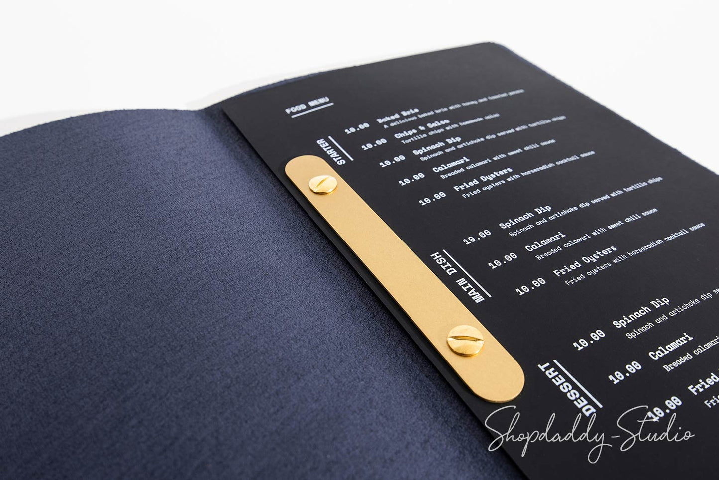 Dark Blue Thick Leather Menu Cover with Brass Plank for cafe