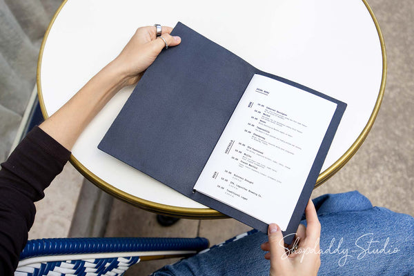Dark Blue Thick Leather Menu Cover with Elastic Band for Cafes and Bars