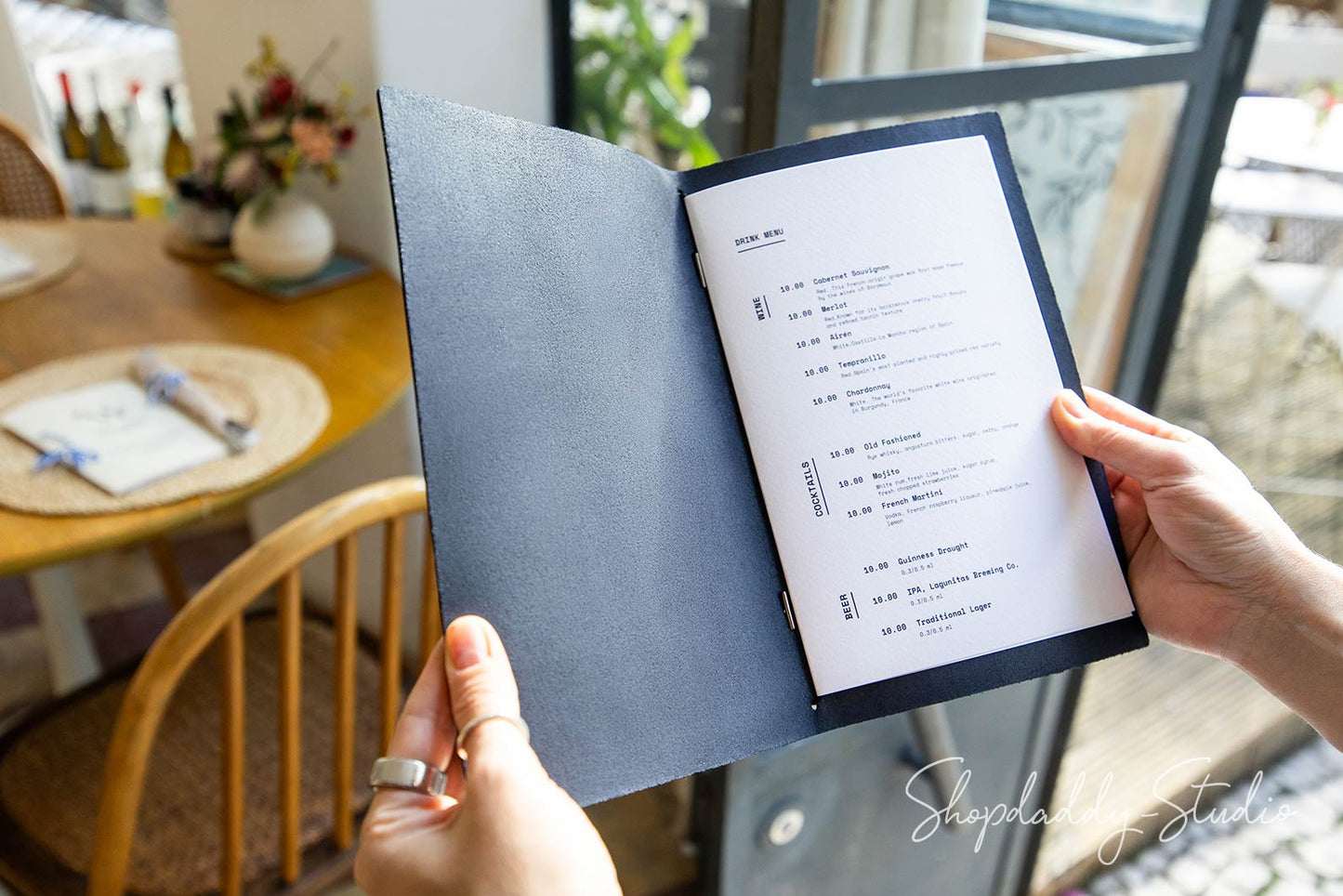 Dark Blue Thick Leather Menu Cover with Elastic Band for Hospitality