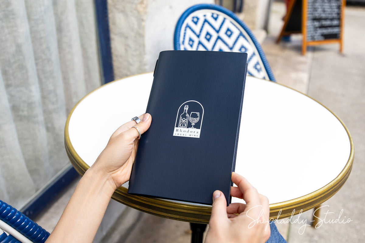 Dark Blue Thick Leather Menu Cover with Elastic Band for Restaurants