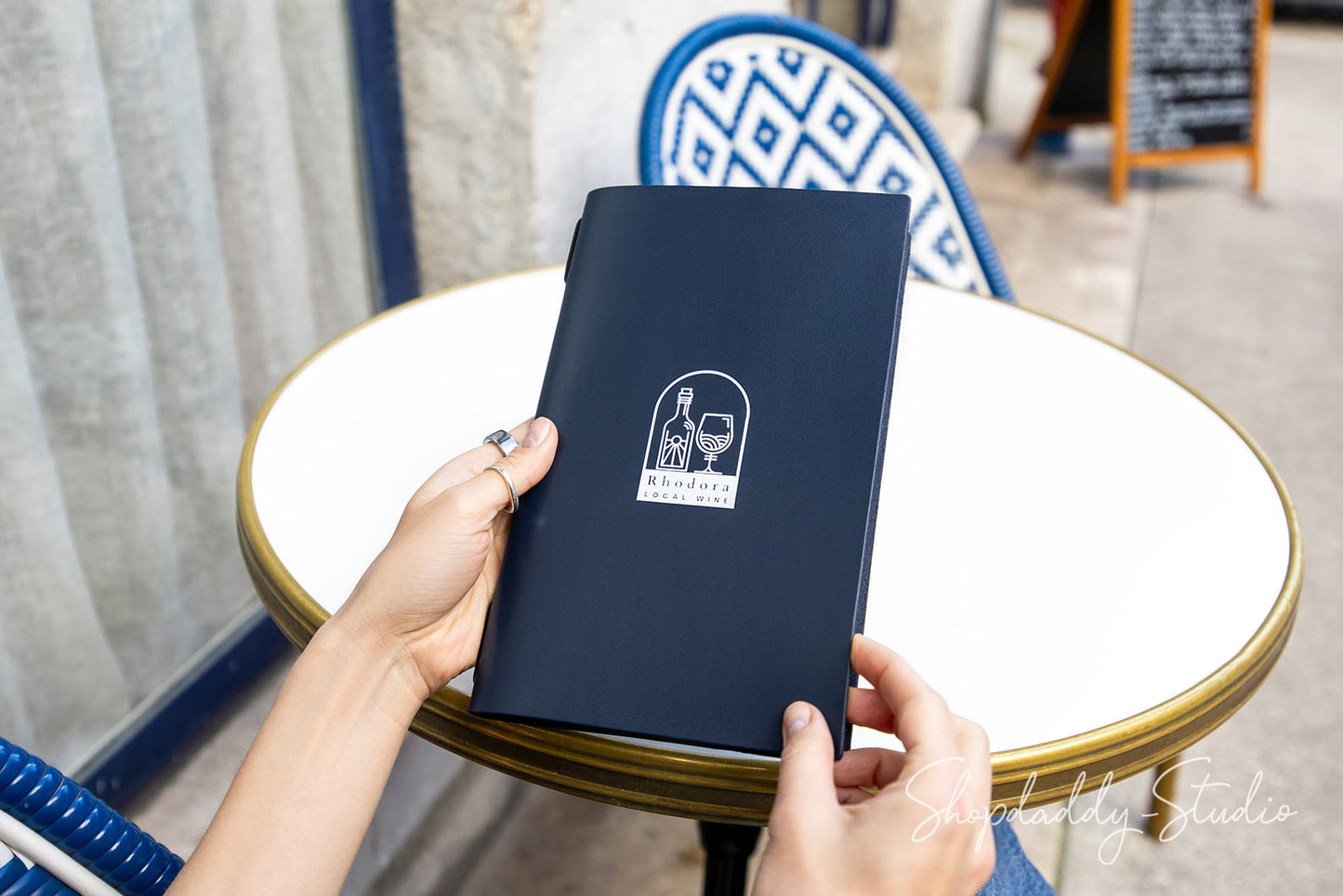 Dark Blue Thick Leather Menu Cover with Elastic Band for Restaurants