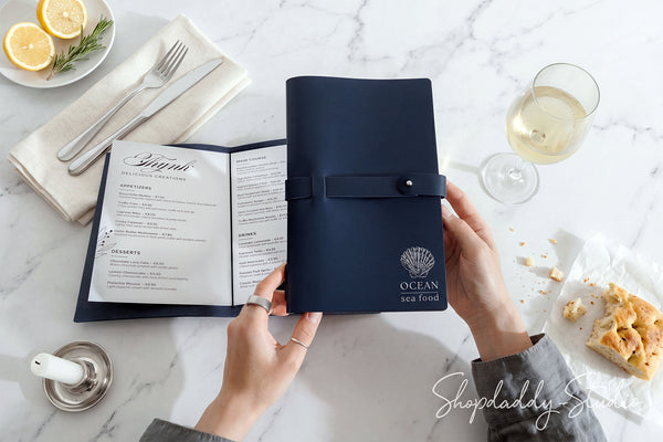 Dark Blue Thick Leather Menu Cover with Leather Belt for Cafes and Bars