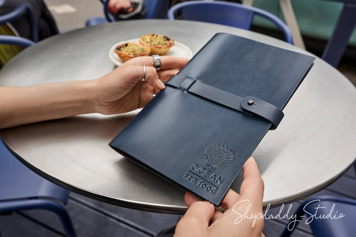 Dark Blue Thick Leather Menu Cover with Leather Belt for Hospitality