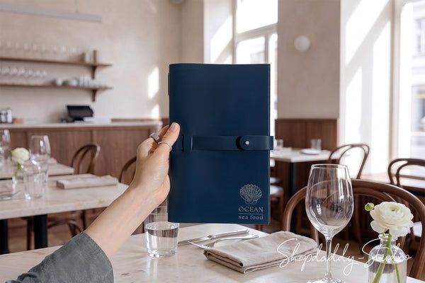 Dark Blue Thick Leather Menu Cover with Leather Belt for Hotels