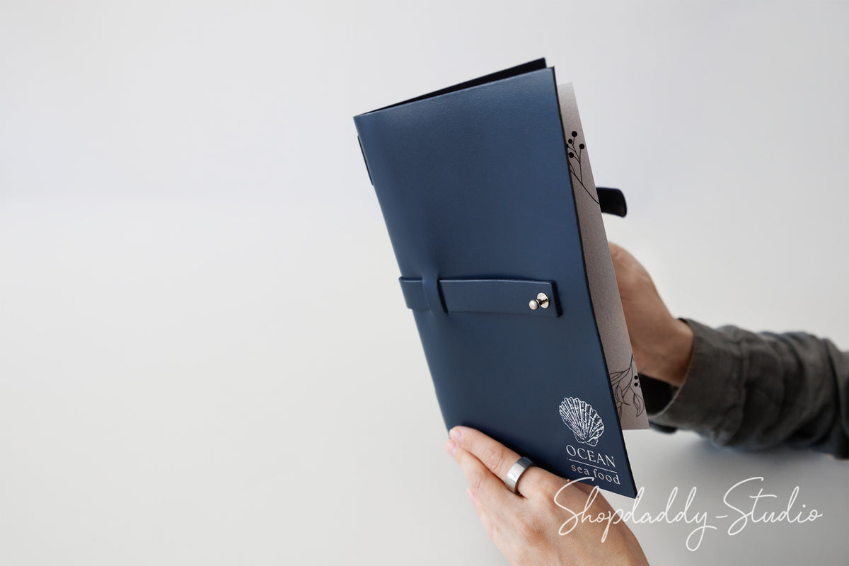 Dark Blue Thick Leather Menu Cover with Leather Belt for Menu Presentation