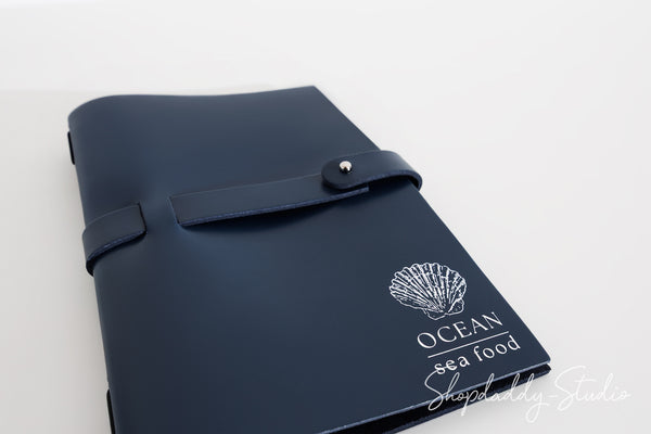 Dark Blue Thick Leather Menu Cover with Leather Belt for Professional Use