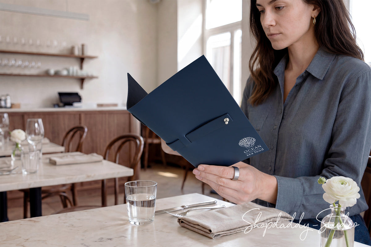 Dark Blue Thick Leather Menu Cover with Leather Belt for Wine Lists