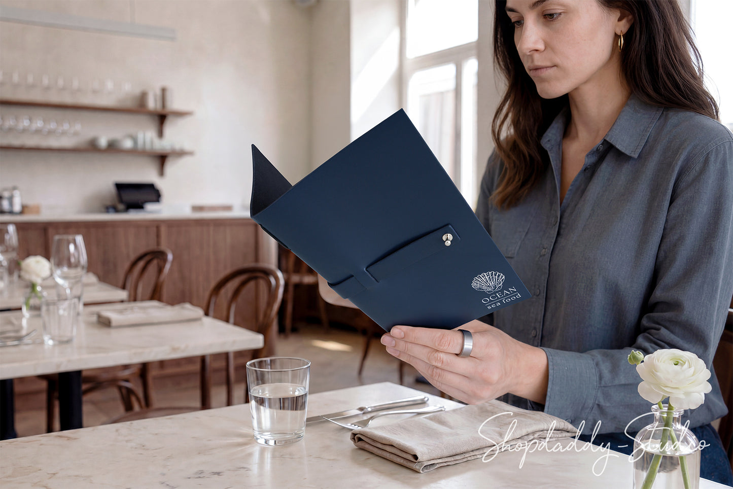 Dark Blue Thick Leather Menu Cover with Leather Belt for Wine Lists