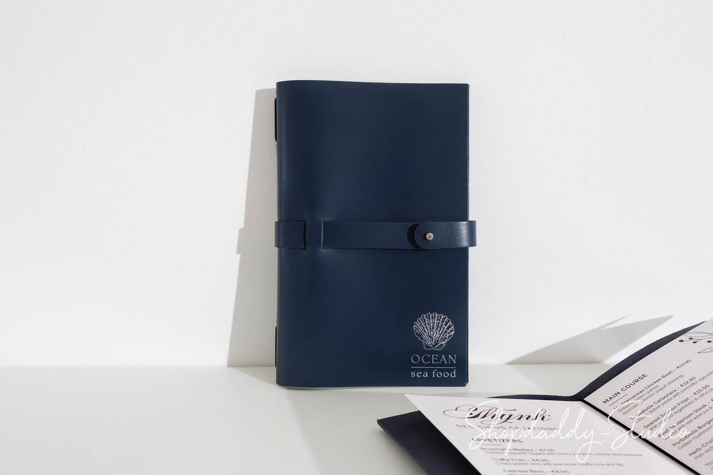 Dark Blue Thick Leather Menu Cover with Leather Belt with Custom Logo