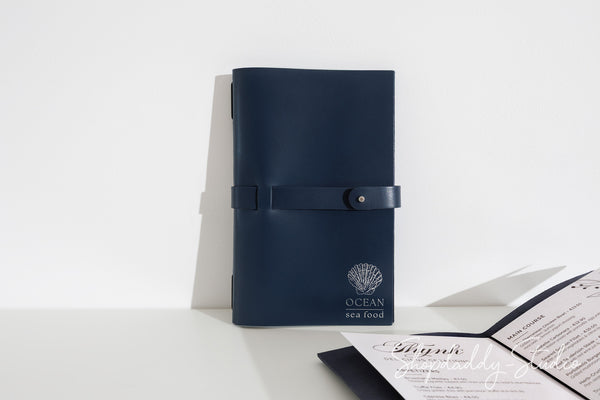 Dark Blue Thick Leather Menu Cover with Leather Belt with Custom Logo
