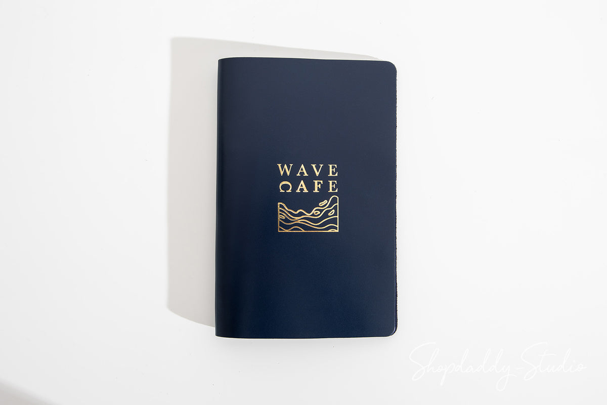 Dark Blue Thick Leather Menu Folder with Brass Plank for cafe