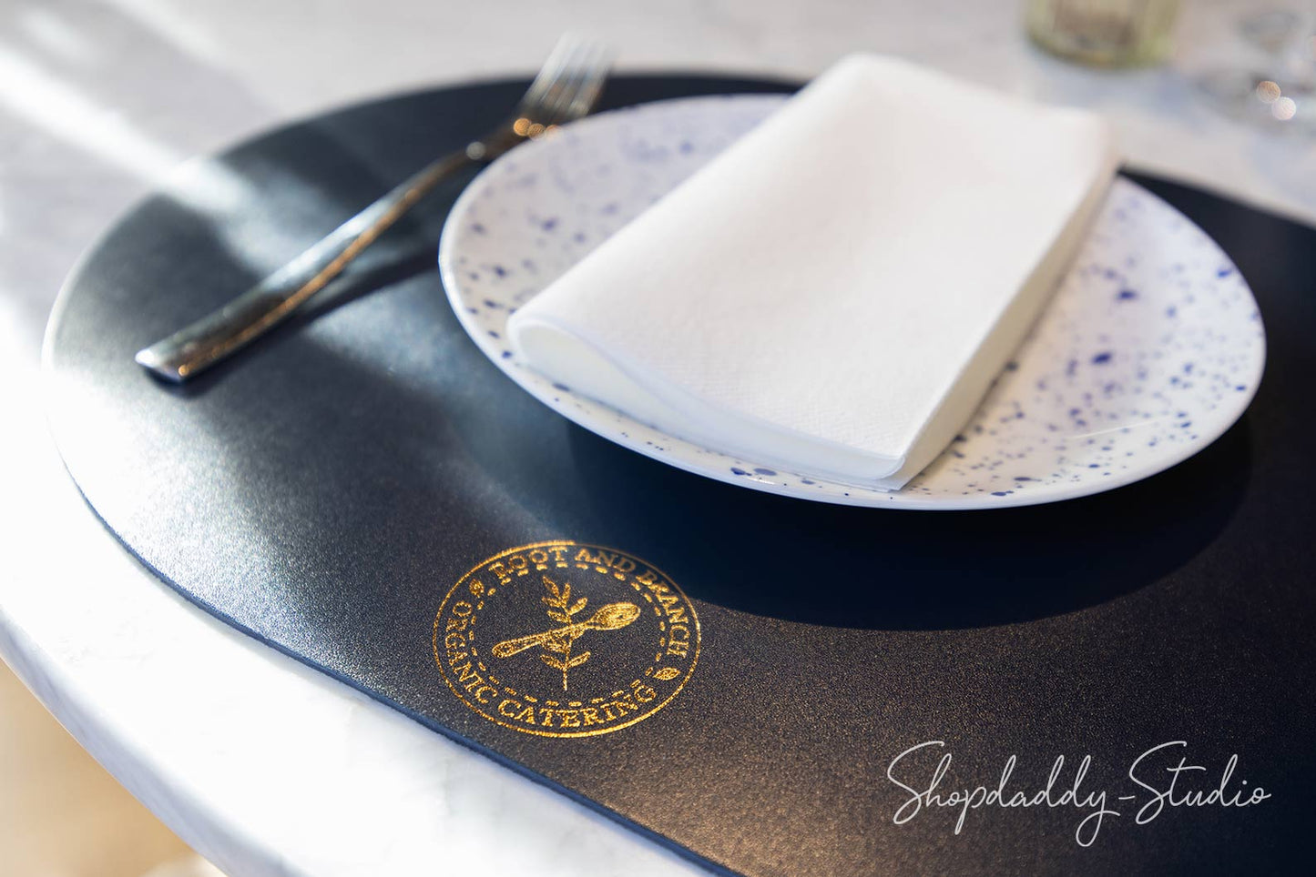 Dark Blue Thick Leather Oval Table Dining Placemat for Cafes and Bars