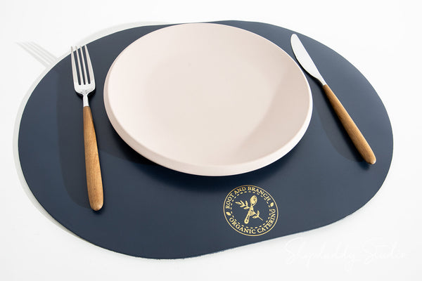 Dark Blue Thick Leather Oval Table Dining Placemat with Logo