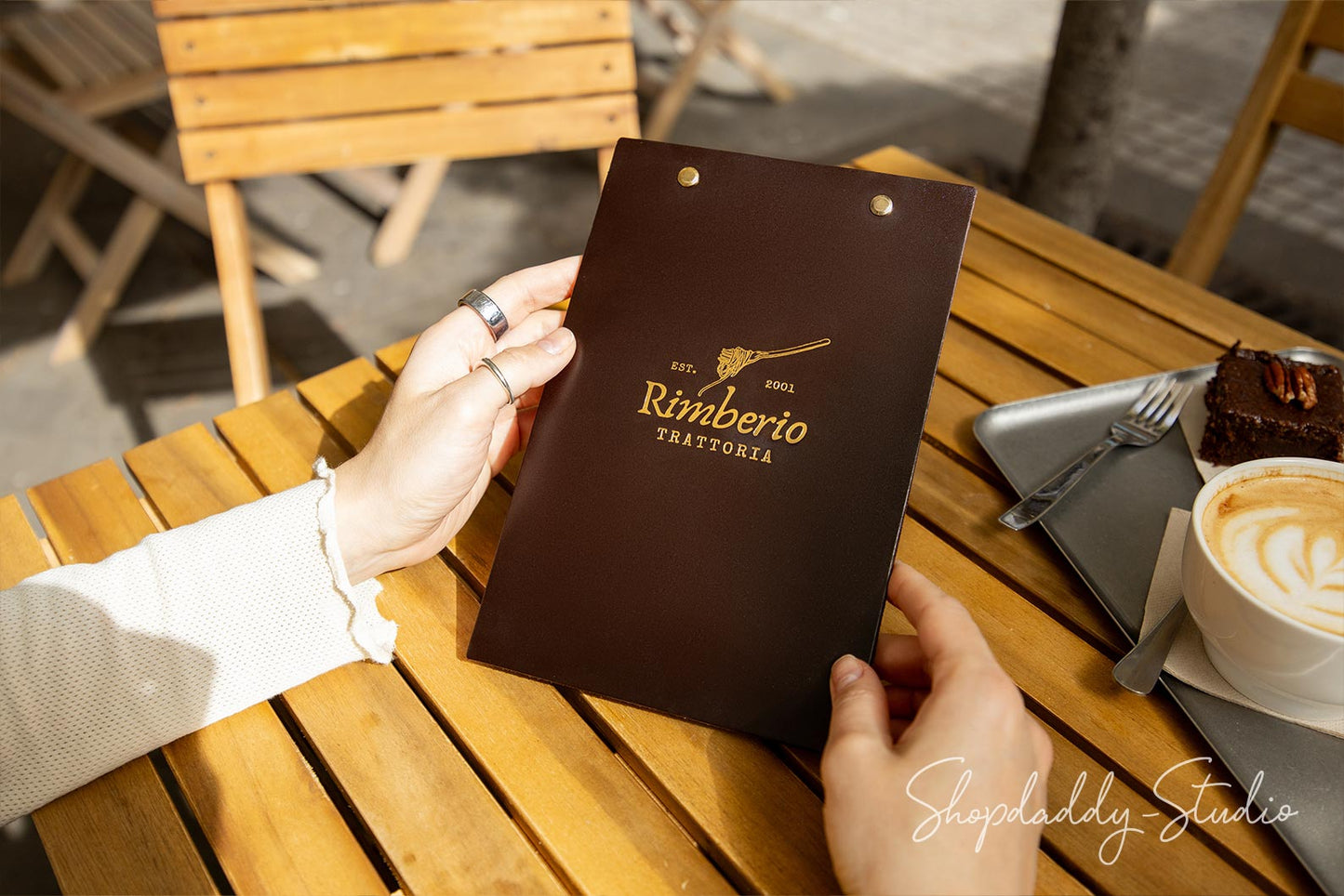 Dark Brown Double Leather Menu Holder with Brass Plank for Restaurants