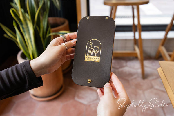Dark Brown Leather / Ashwood Check Presenter for Restaurant with logo