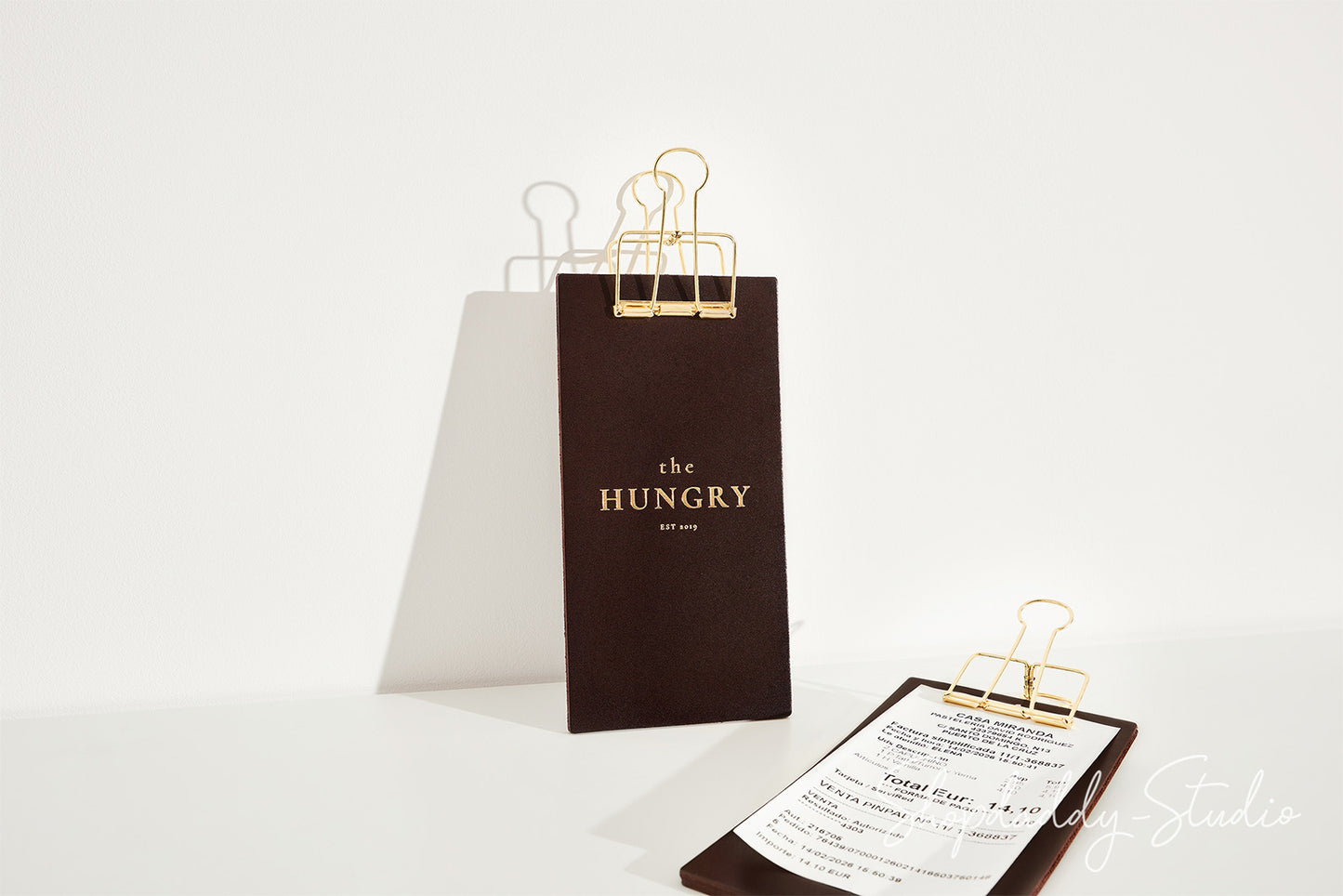 Dark Brown Leather Check Holder with Golden Binder for Hotels