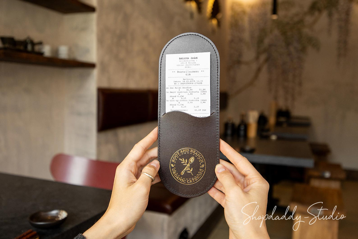 Dark Brown Leather Rounded Check Presenter for Cafe