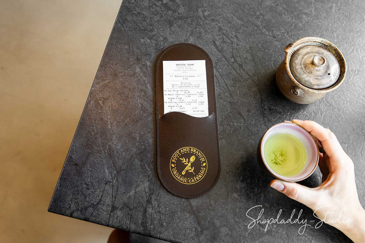 Dark Brown Leather Rounded Check Presenter for Cafe with logo