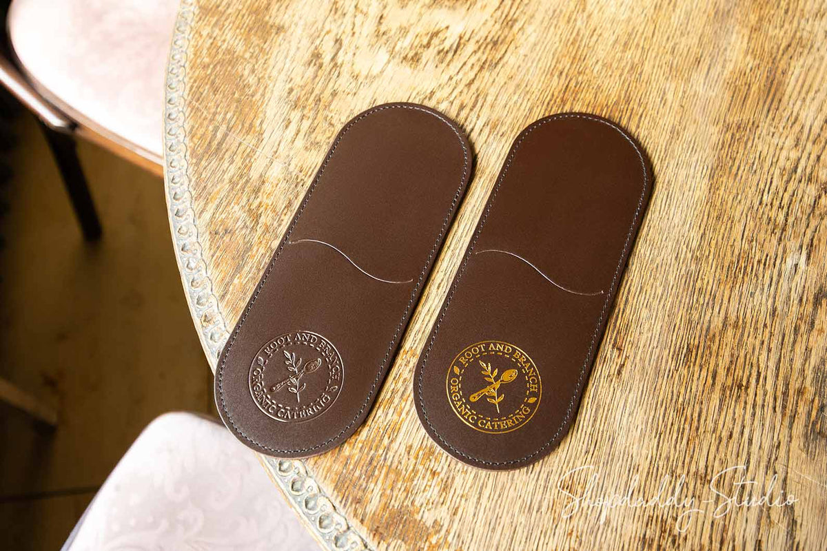 Dark Brown Leather Rounded Check Presenter for Restaurant with logo