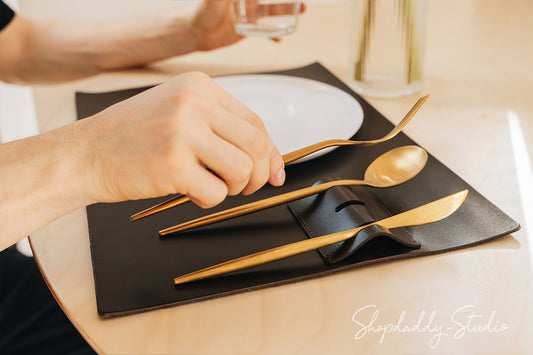Dark Brown Thick Leather Placemats with Built-In Cutlery Holder