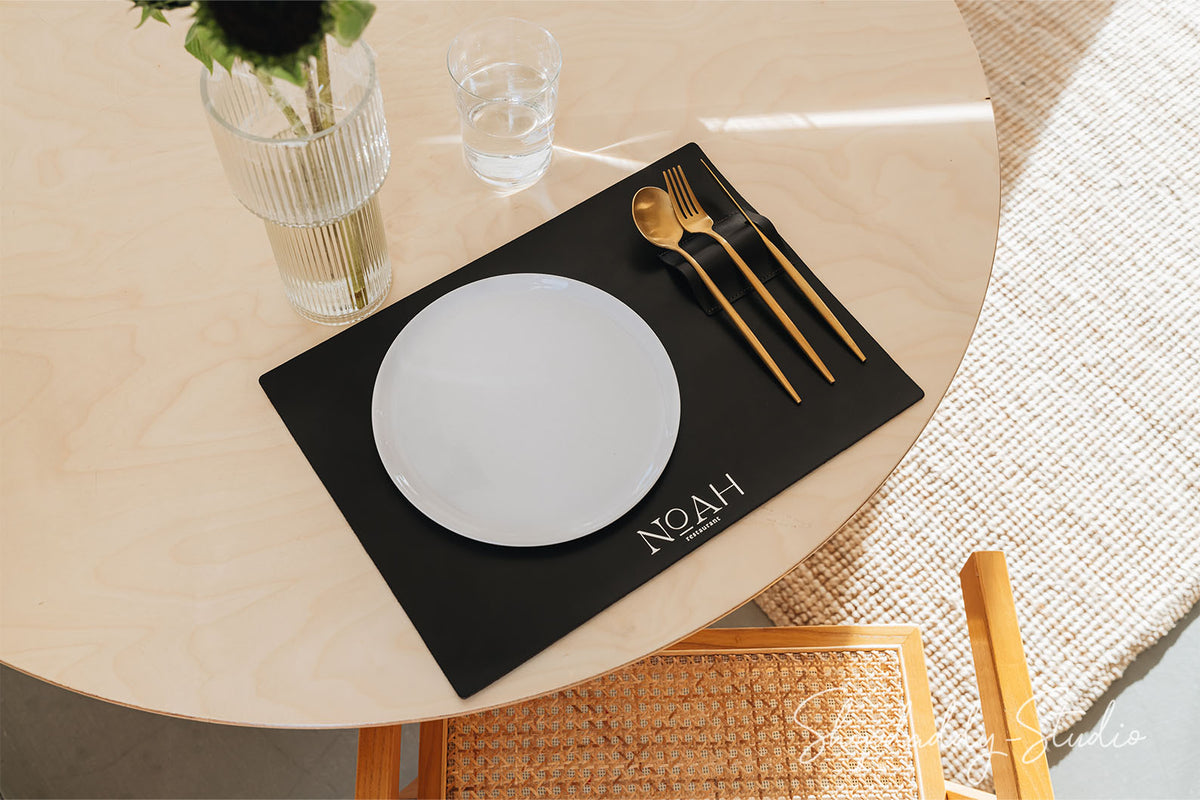 Dark Brown Thick Leather Placemats with Built-In Cutlery Holder for restaurant