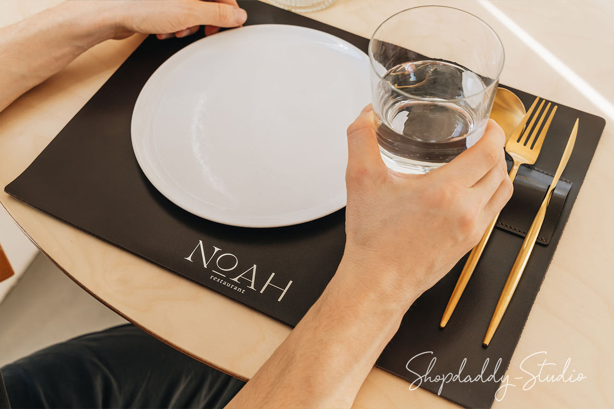 Dark Brown Thick Leather Table mats with Built-In Cutlery Holder for restaurant