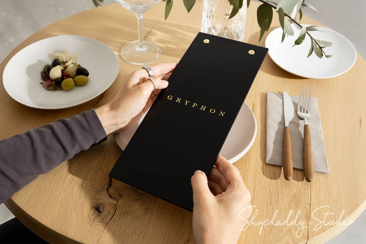 Double Leather Menu Holder with Brass Plank and logo