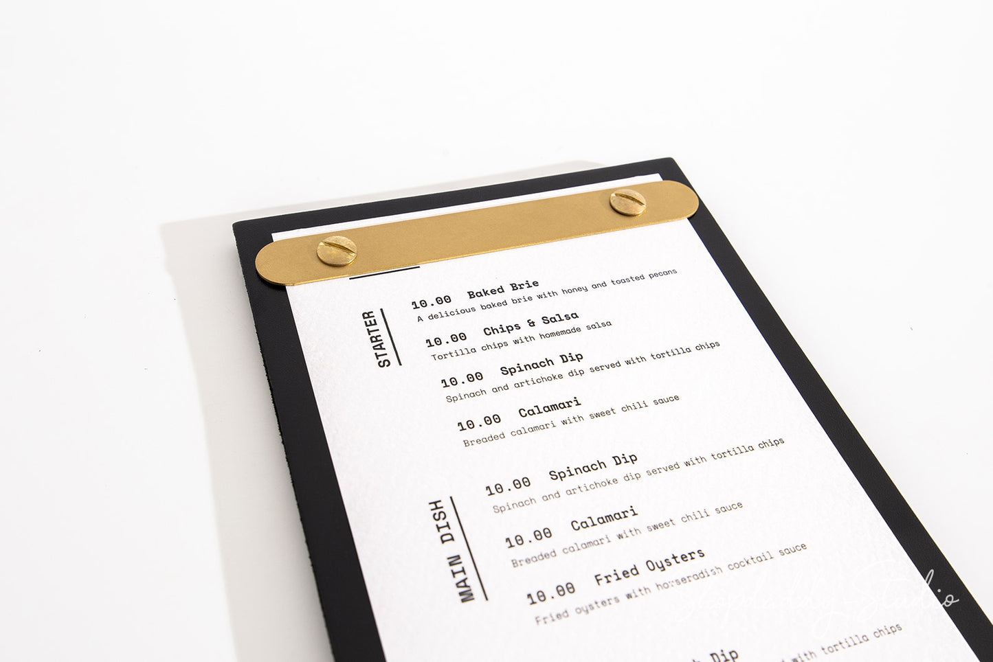 Double Leather Menu Holder with Brass Plank in details