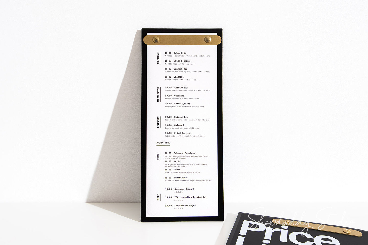 Double Leather Menu Holder with Brass Plank in gold 