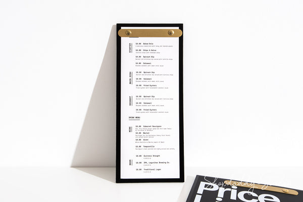 Double Leather Menu Holder with Brass Plank in gold 