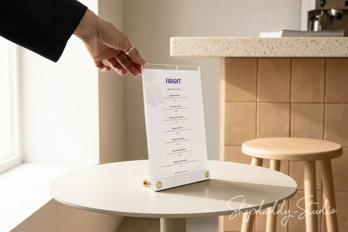 Durable Acrylic Table Top Menu Holder with White Ashwood Stand and Brass Screws