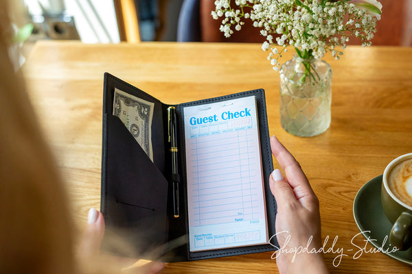 Durable Black Leather Server Book with Pen Loop