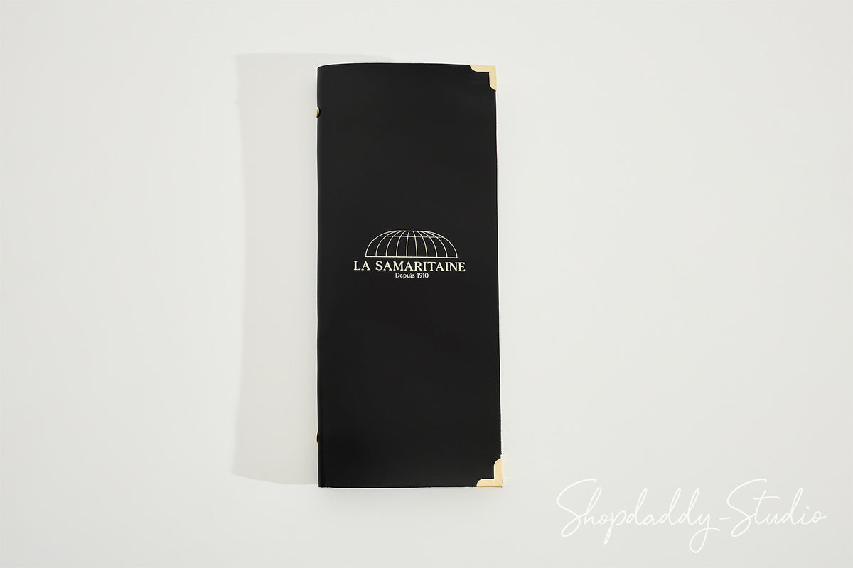 Durable Black Thick Leather Menu Cover with Plastic Sleeves and Corners