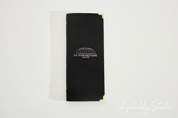 Durable Black Thick Leather Menu Cover with Plastic Sleeves and Corners
