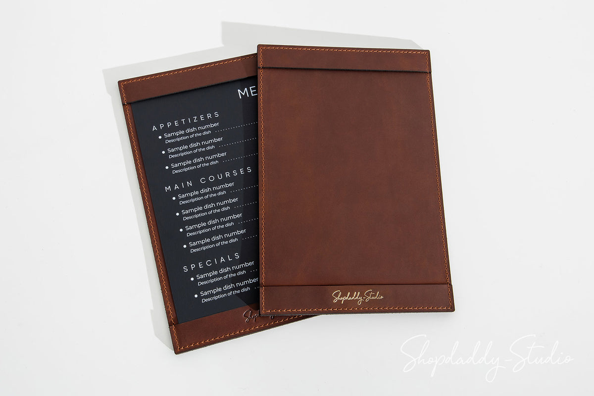Durable Brown Leather Menu Holder with Top & Bottom Pockets