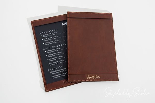 Durable Brown Leather Menu Holder with Top & Bottom Pockets