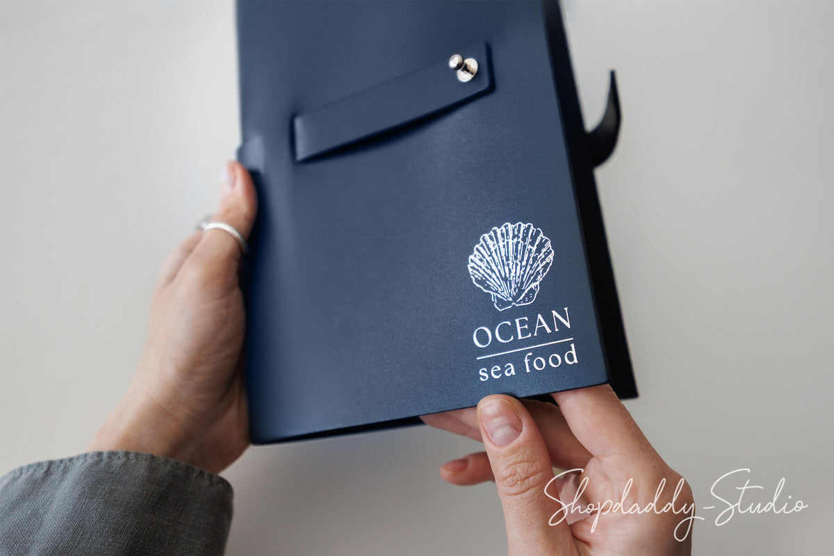 Durable Dark Blue Thick Leather Menu Cover with Leather Belt